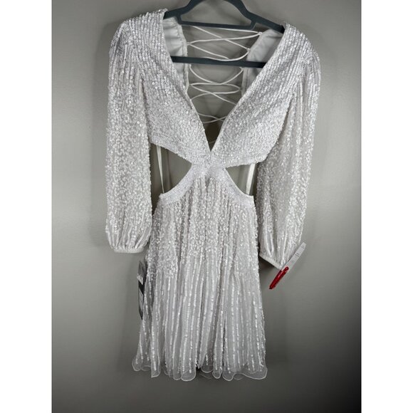 NWT LARA White Long Sleeve Cut Out Mini Cocktail Dress Sequins Lace Up Back US 0 - Picture 3 of 6